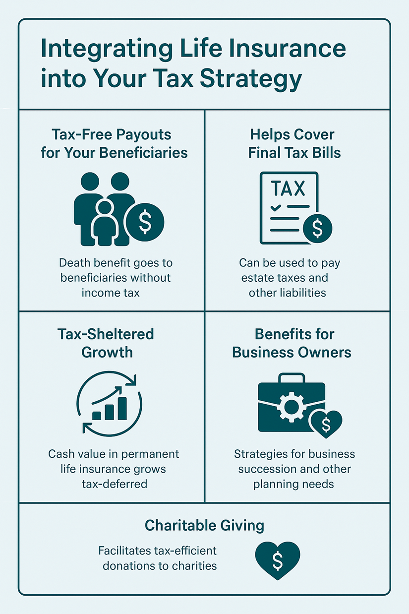 Integrating Life Insurance into Your Tax Strategy - Infographic showing tax-free payouts, final tax bill coverage, tax-sheltered growth, business owner benefits, and charitable giving